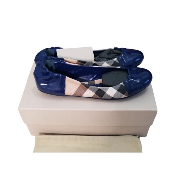 Burberry Shoes Women's 8 Jet Blue Nova Soft Ballerina Check Leather Ballet Flats - Picture 1 of 14